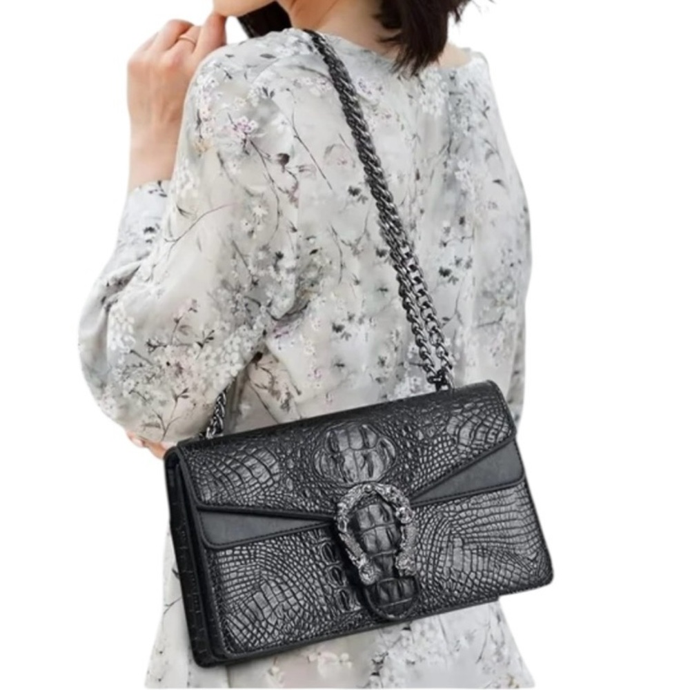 XiaoBanDeng Black‎ Croc Embossed Faux Leather Crossbody Bag